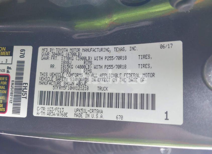 Photo 9 of 2017 Toyota Tundra SR5 4.6L V8 (VIN 5TFRM5F10HX121218)