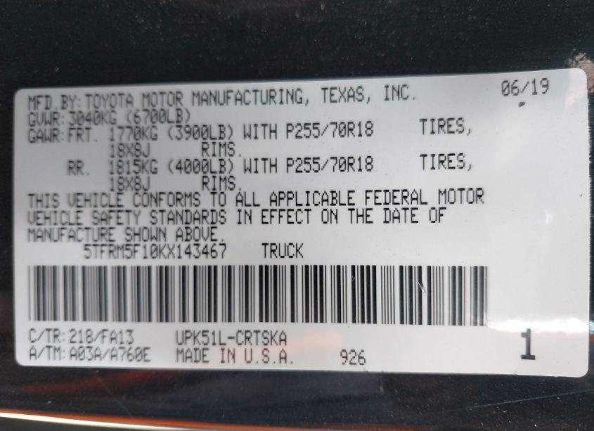 Photo 9 of 2019 Toyota Tundra SR 4.6L V8 (VIN 5TFRM5F10KX143467)