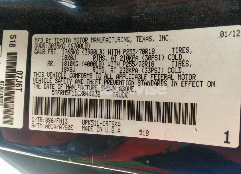 Photo 9 of 2012 Toyota Tundra GRADE 4.6L V8 (VIN 5TFRM5F11CX041032)