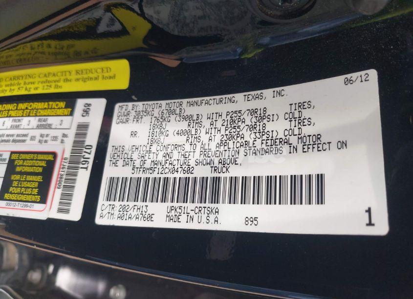 Photo 9 of 2012 Toyota Tundra GRADE 4.6L V8 (VIN 5TFRM5F12CX047602)