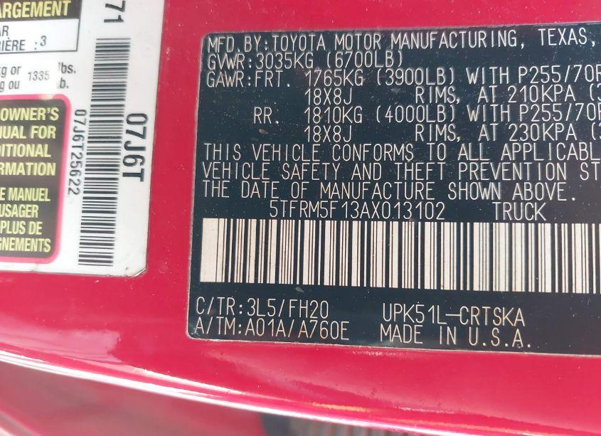 Photo 9 of 2010 Toyota Tundra GRADE 4.6L V8 (VIN 5TFRM5F13AX013102)