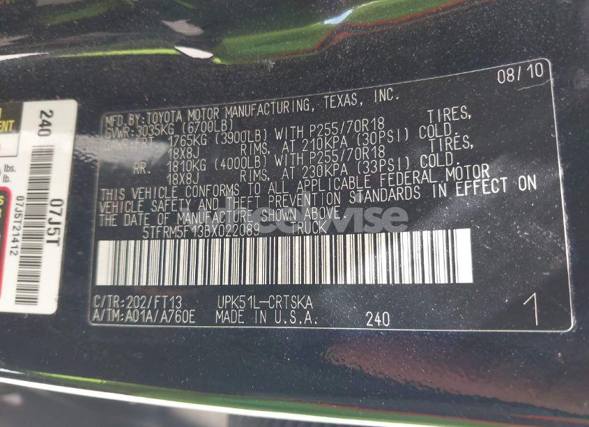 Photo 9 of 2011 Toyota Tundra GRADE 4.6L V8 (VIN 5TFRM5F13BX022089)