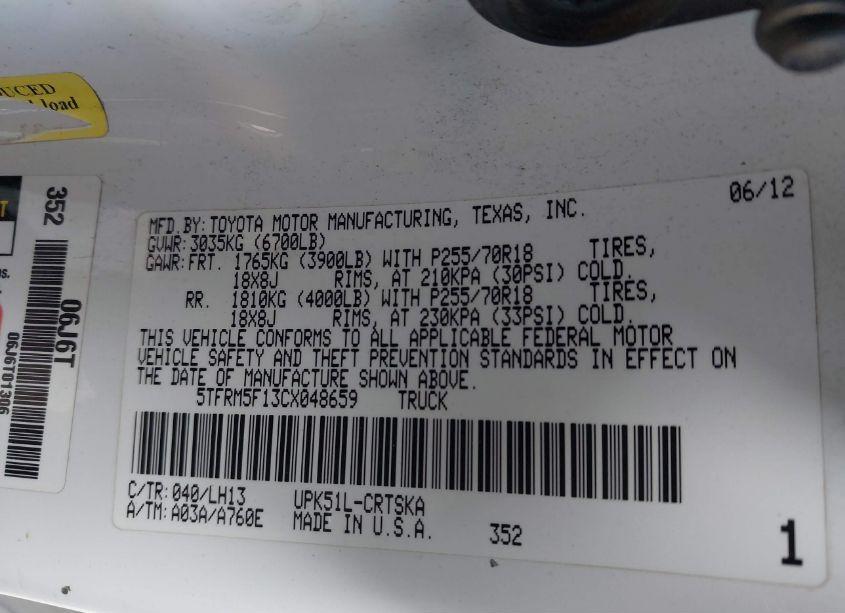 Photo 9 of 2012 Toyota Tundra GRADE 4.6L V8 (VIN 5TFRM5F13CX048659)