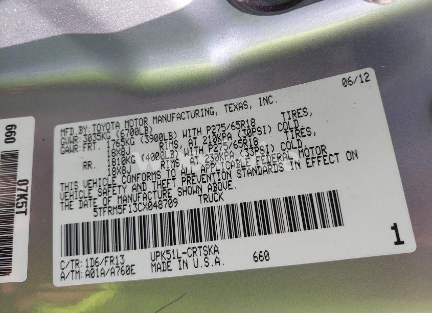 Photo 9 of 2012 Toyota Tundra GRADE 4.6L V8 (VIN 5TFRM5F13CX048709)