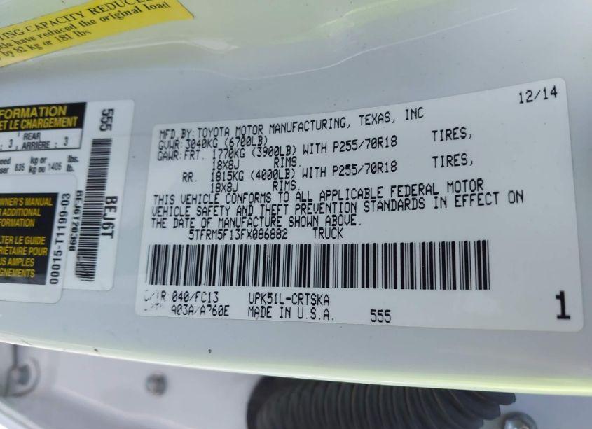 Photo 9 of 2015 Toyota Tundra SR5 4.6L V8 (VIN 5TFRM5F13FX086882)