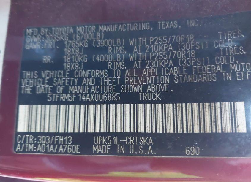 Photo 9 of 2010 Toyota Tundra GRADE 4.6L V8 (VIN 5TFRM5F14AX006885)