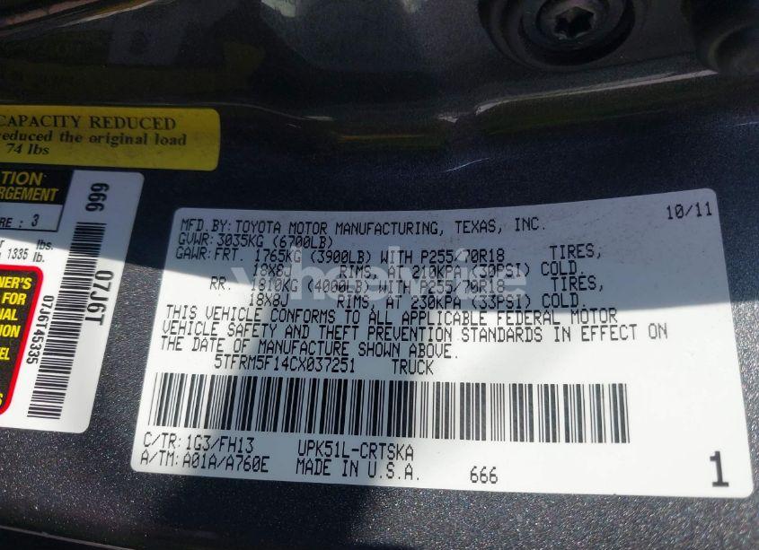 Photo 9 of 2012 Toyota Tundra GRADE 4.6L V8 (VIN 5TFRM5F14CX037251)