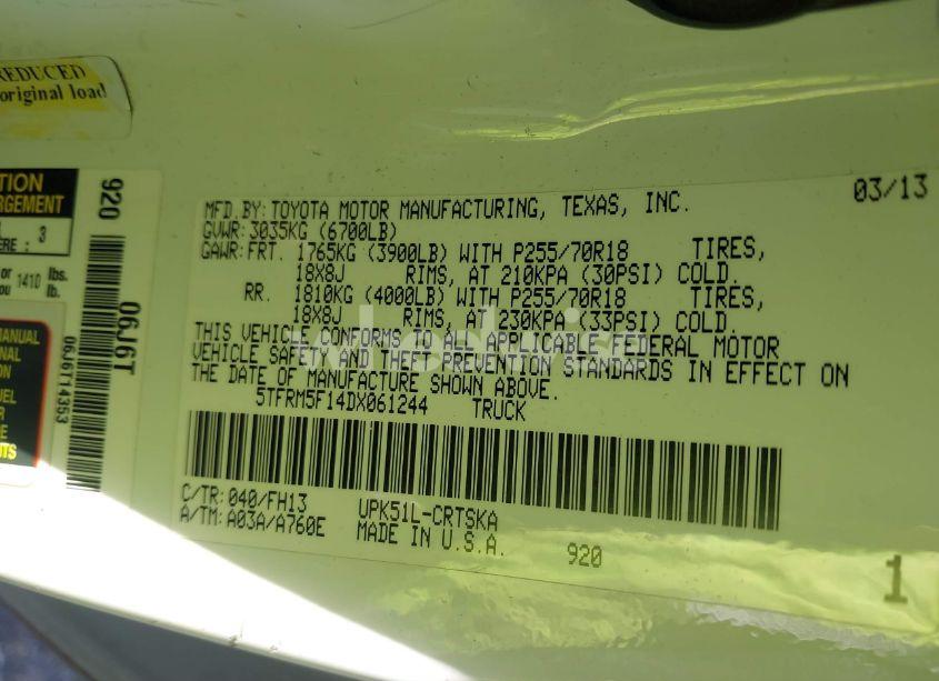 Photo 9 of 2013 Toyota Tundra GRADE 4.6L V8 (VIN 5TFRM5F14DX061244)