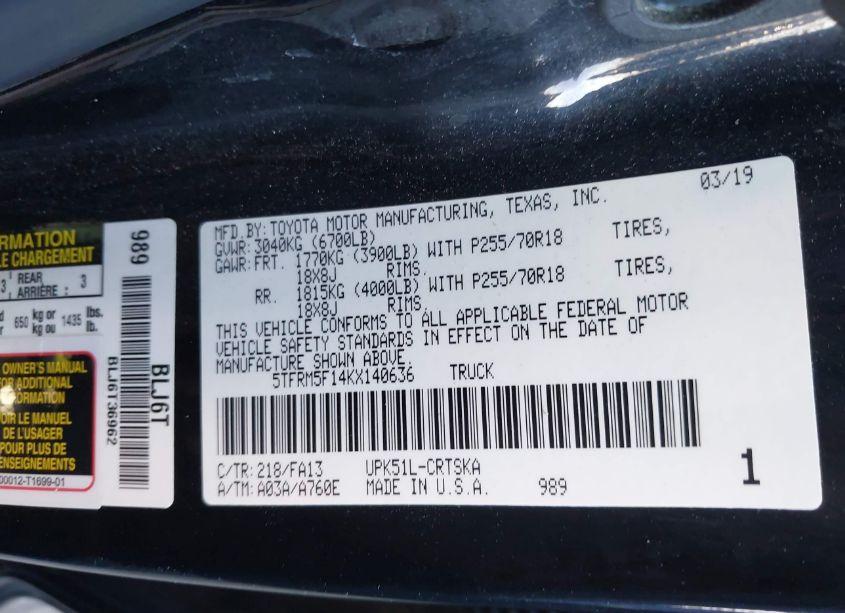 Photo 9 of 2019 Toyota Tundra SR 4.6L V8 (VIN 5TFRM5F14KX140636)