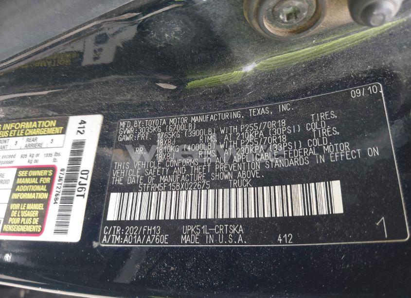 Photo 9 of 2011 Toyota Tundra GRADE 4.6L V8 (VIN 5TFRM5F15BX022675)