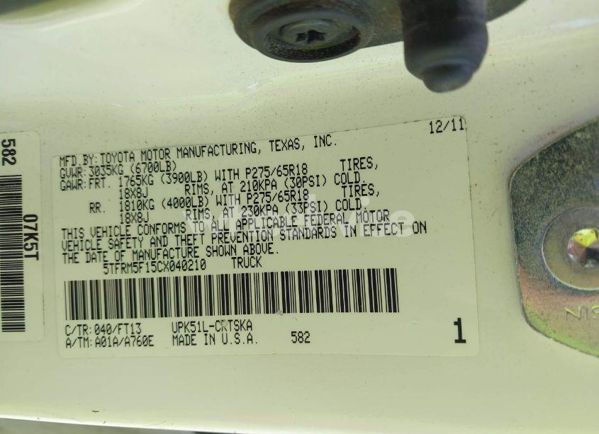 Photo 9 of 2012 Toyota Tundra GRADE 4.6L V8 (VIN 5TFRM5F15CX040210)