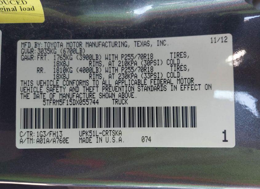 Photo 9 of 2013 Toyota Tundra GRADE 4.6L V8 (VIN 5TFRM5F15DX055744)