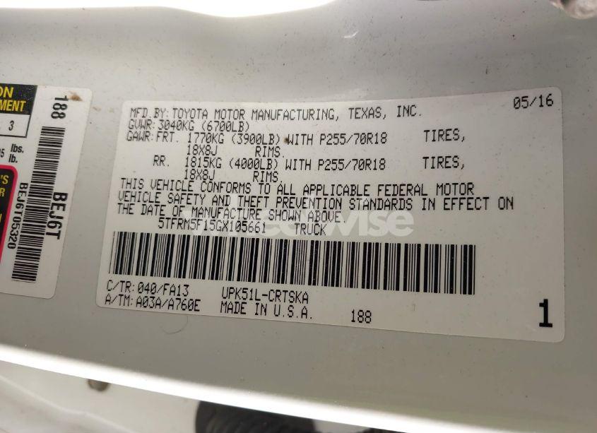 Photo 9 of 2016 Toyota Tundra SR 4.6L V8 (VIN 5TFRM5F15GX105661)