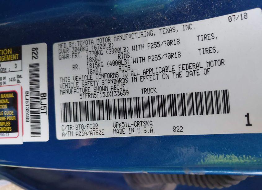 Photo 9 of 2018 Toyota Tundra SR5 4.6L V8 (VIN 5TFRM5F15JX133659)