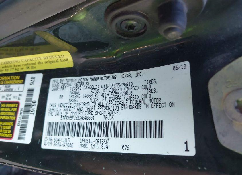 Photo 9 of 2012 Toyota Tundra GRADE 4.6L V8 (VIN 5TFRM5F16CX048851)