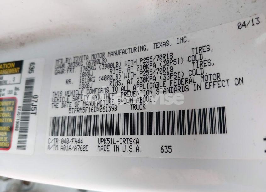 Photo 9 of 2013 Toyota Tundra GRADE 4.6L V8 (VIN 5TFRM5F16DX061598)