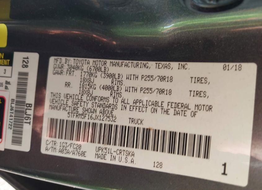 Photo 9 of 2018 Toyota Tundra SR5 4.6L V8 (VIN 5TFRM5F16JX127532)