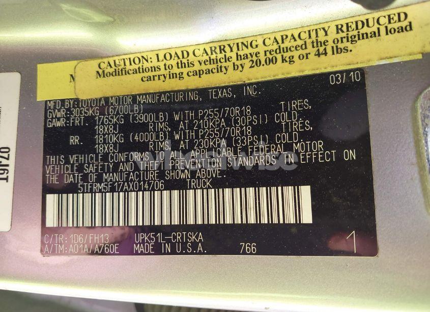 Photo 9 of 2010 Toyota Tundra GRADE 4.6L V8 (VIN 5TFRM5F17AX014706)