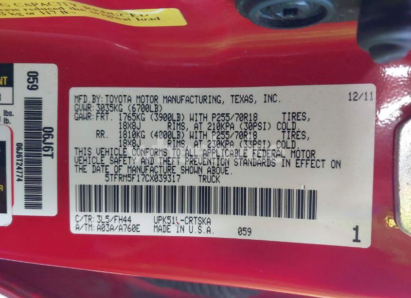 Photo 9 of 2012 Toyota Tundra GRADE 4.6L V8 (VIN 5TFRM5F17CX039317)