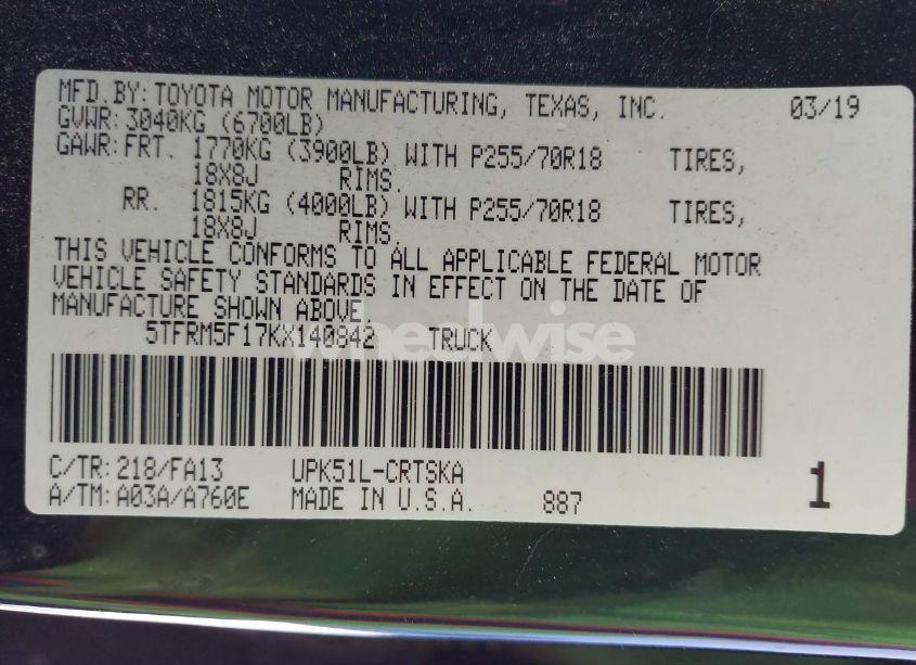 Photo 9 of 2019 Toyota Tundra SR 4.6L V8 (VIN 5TFRM5F17KX140842)