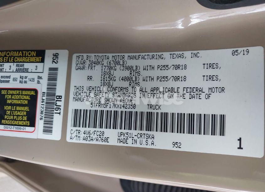 Photo 9 of 2019 Toyota Tundra SR5 4.6L V8 (VIN 5TFRM5F17KX142350)