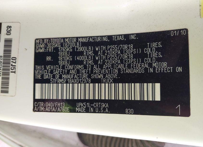 Photo 9 of 2010 Toyota Tundra GRADE 4.6L V8 (VIN 5TFRM5F18AX012978)