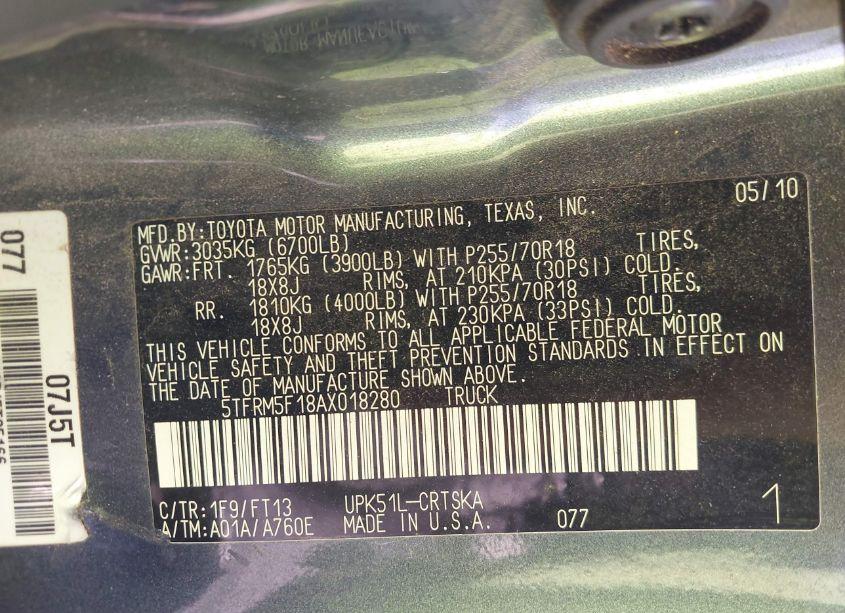 Photo 9 of 2010 Toyota Tundra GRADE 4.6L V8 (VIN 5TFRM5F18AX018280)