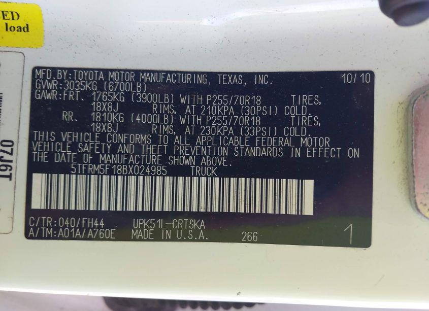 Photo 9 of 2011 Toyota Tundra GRADE 4.6L V8 (VIN 5TFRM5F18BX024985)