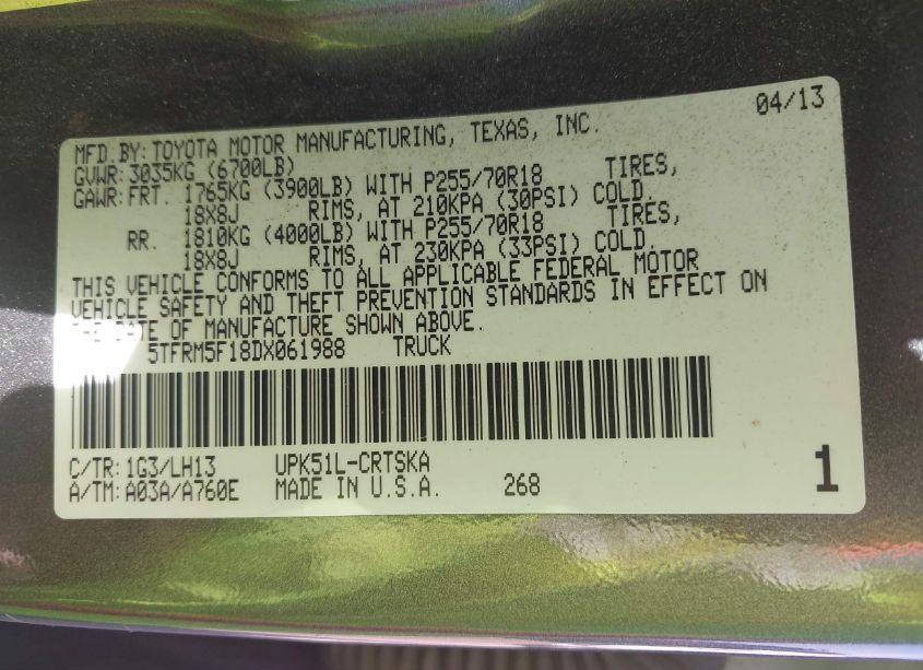 Photo 9 of 2013 Toyota Tundra GRADE 4.6L V8 (VIN 5TFRM5F18DX061988)