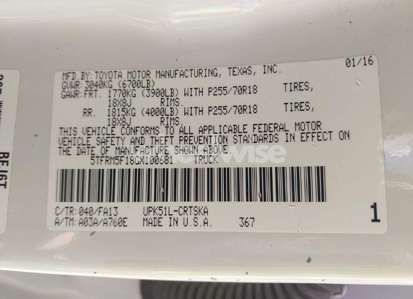 Photo 9 of 2016 Toyota Tundra SR 4.6L V8 (VIN 5TFRM5F18GX100681)