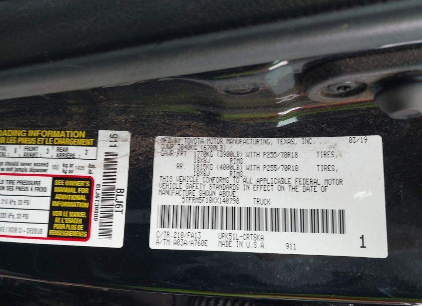 Photo 9 of 2019 Toyota Tundra SR 4.6L V8 (VIN 5TFRM5F18KX140798)