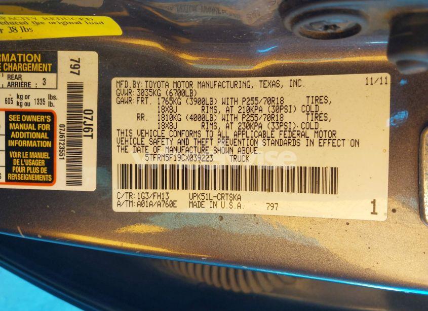 Photo 9 of 2012 Toyota Tundra GRADE 4.6L V8 (VIN 5TFRM5F19CX039223)