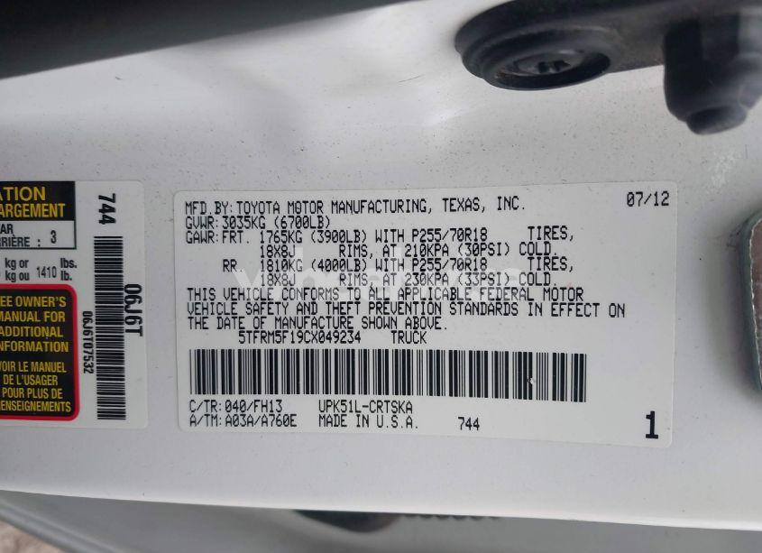 Photo 9 of 2012 Toyota Tundra GRADE 4.6L V8 (VIN 5TFRM5F19CX049234)