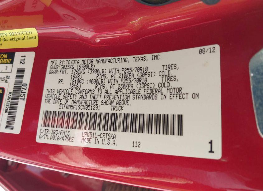 Photo 9 of 2012 Toyota Tundra GRADE 4.6L V8 (VIN 5TFRM5F19CX051291)