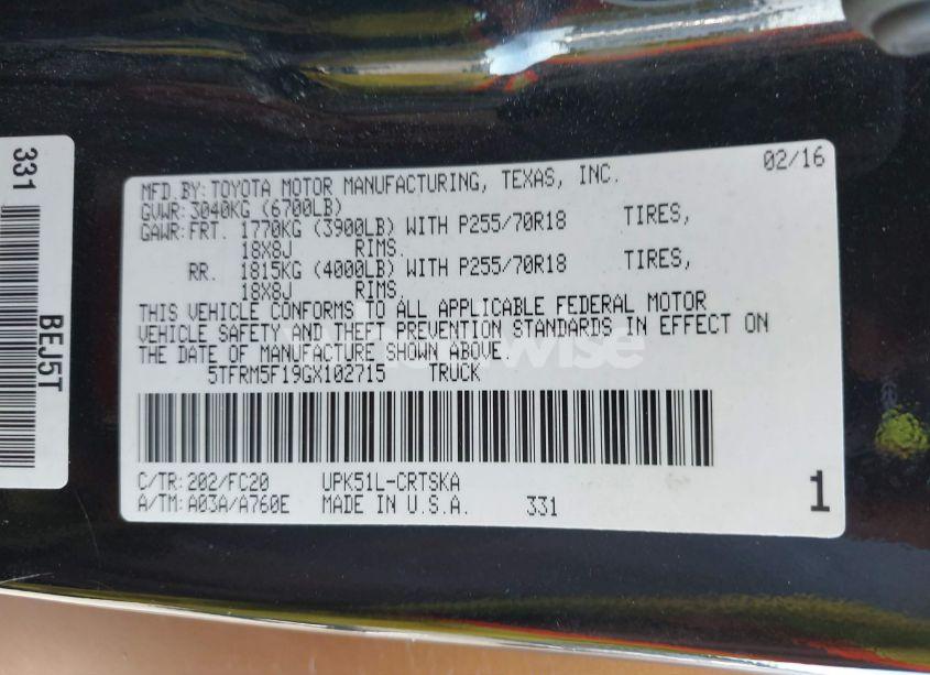 Photo 9 of 2016 Toyota Tundra SR5 4.6L V8 (VIN 5TFRM5F19GX102715)