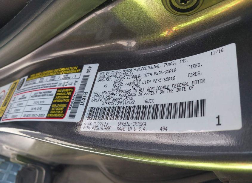 Photo 9 of 2017 Toyota Tundra SR5 4.6L V8 (VIN 5TFRM5F19HX112422)