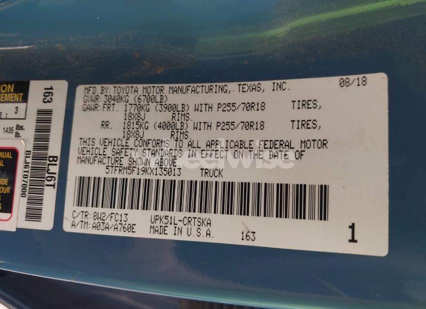 Photo 9 of 2019 Toyota Tundra SR5 4.6L V8 (VIN 5TFRM5F19KX135013)