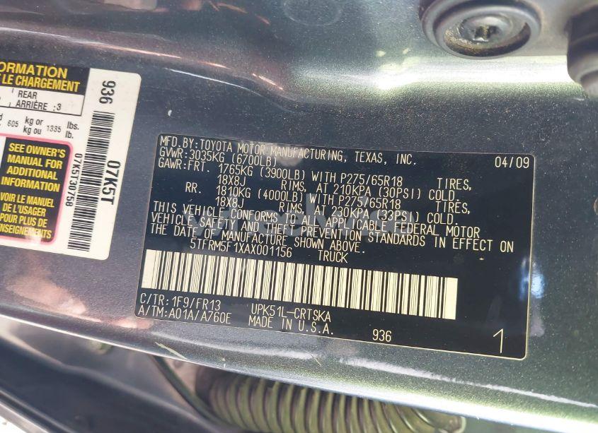 Photo 9 of 2010 Toyota Tundra DOUBLE CAB SR5 (VIN 5TFRM5F1XAX001156)