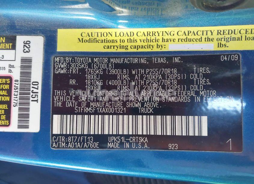 Photo 9 of 2010 Toyota Tundra GRADE 4.6L V8 (VIN 5TFRM5F1XAX001321)