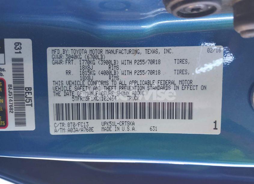 Photo 9 of 2016 Toyota Tundra SR5 4.6L V8 (VIN 5TFRM5F1XGX102464)