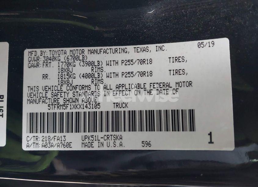 Photo 9 of 2019 Toyota Tundra SR 4.6L V8 (VIN 5TFRM5F1XKX143105)