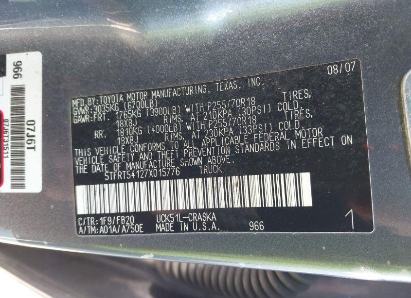 Photo 9 of 2007 Toyota Tundra SR5 4.7L V8 (VIN 5TFRT54127X015776)