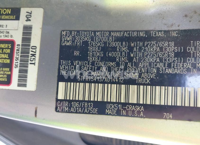 Photo 9 of 2007 Toyota Tundra SR5 4.7L V8 (VIN 5TFRT54137X014412)