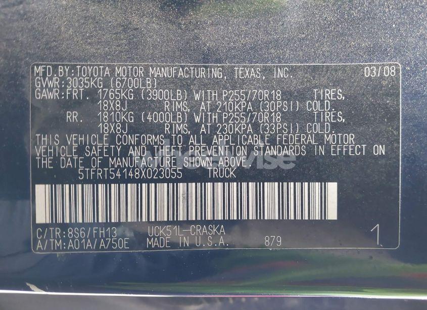 Photo 9 of 2008 Toyota Tundra SR5 4.7L V8 (VIN 5TFRT54148X023055)