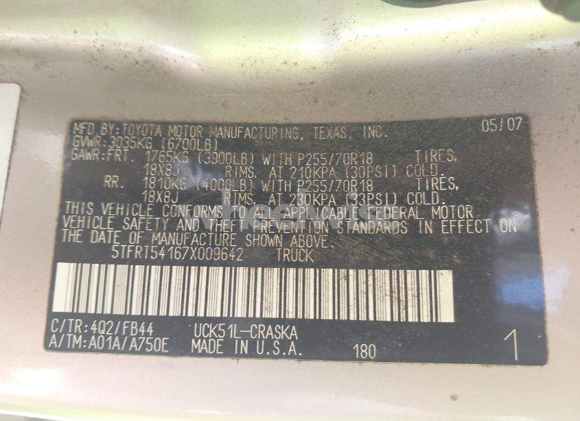 Photo 9 of 2007 Toyota Tundra SR5 4.7L V8 (VIN 5TFRT54167X009642)