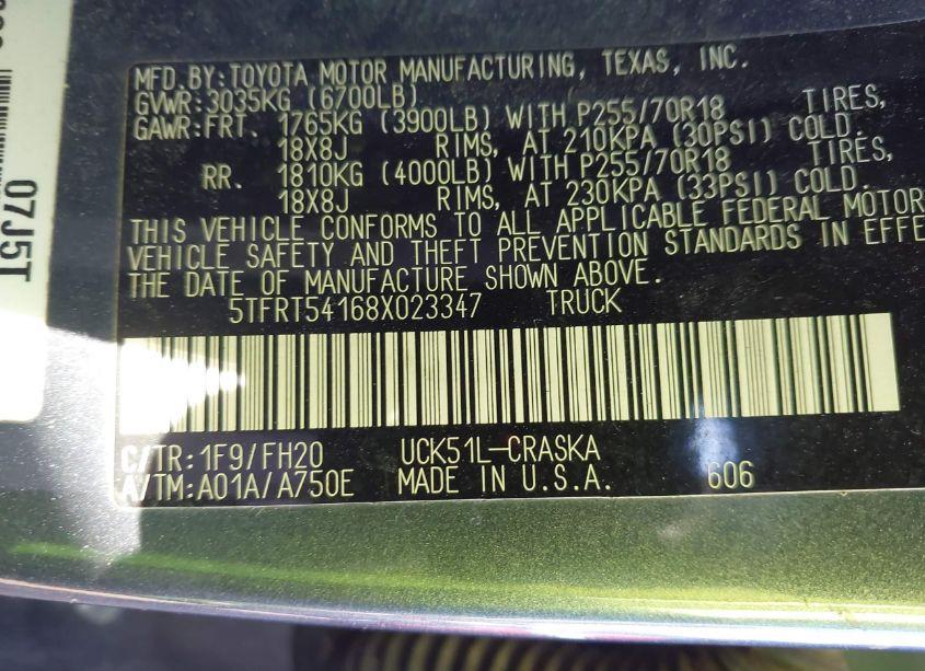 Photo 9 of 2008 Toyota Tundra SR5 4.7L V8 (VIN 5TFRT54168X023347)