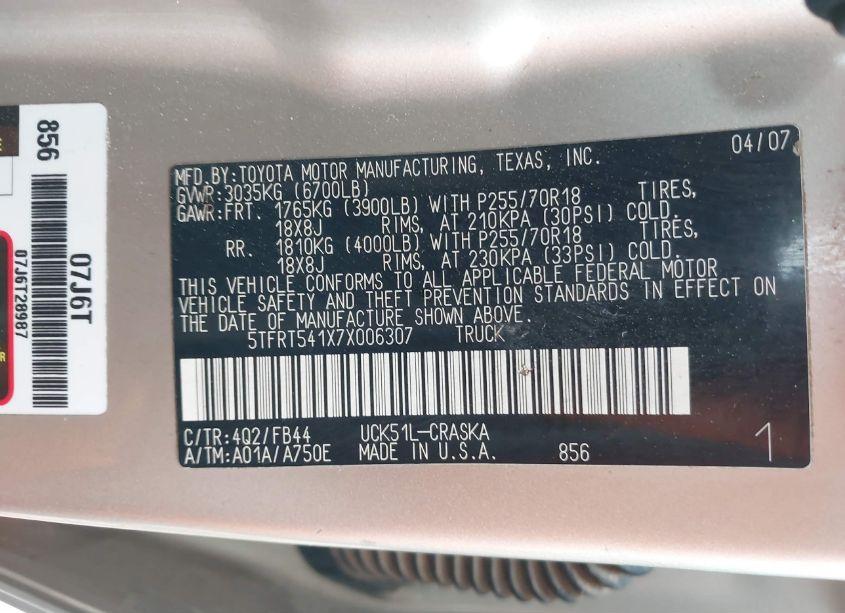 Photo 9 of 2007 Toyota Tundra SR5 4.7L V8 (VIN 5TFRT541X7X006307)