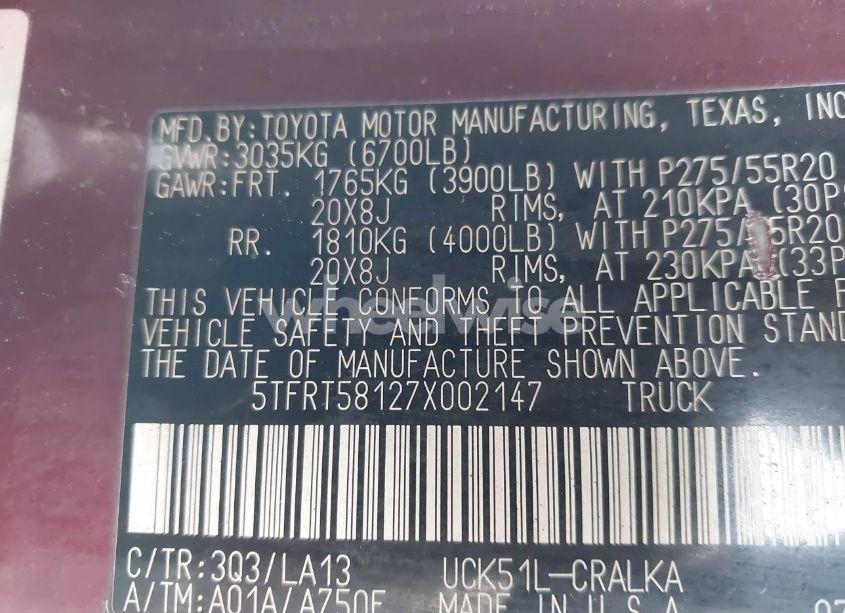 Photo 9 of 2007 Toyota Tundra LIMITED 4.7L V8 (VIN 5TFRT58127X002147)