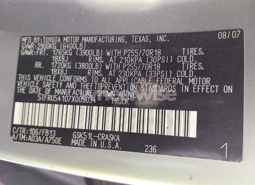 Photo 9 of 2007 Toyota Tundra SR5 V6 (VIN 5TFRU54107X005034)