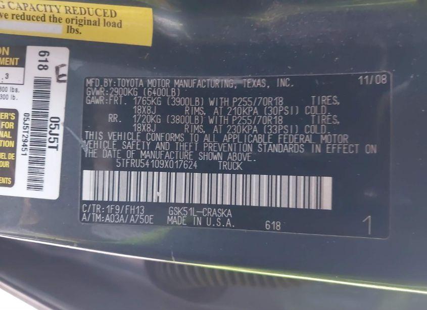 Photo 9 of 2009 Toyota Tundra GRADE V6 (VIN 5TFRU54109X017624)